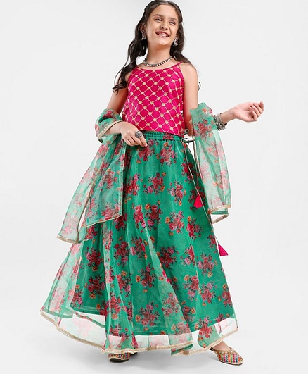 Pine Kids Sleeveless Choli & Lehenga With Dupatta Floral Print & Embroidery- Green & Pink