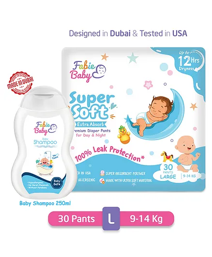 Fabie Baby Premium 12 Hrs Protection Diaper Pants Large & 250 ml Baby Shampoo - 30 Pieces