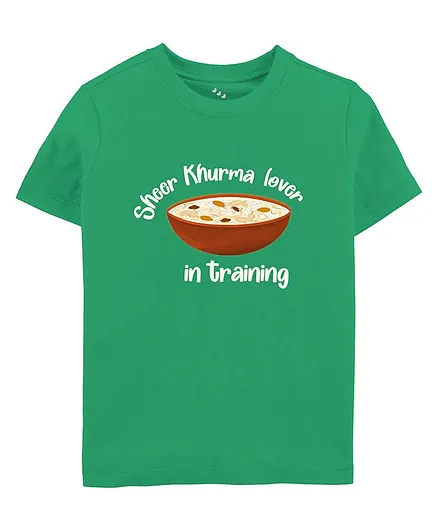 Zeezeezoo Half Sleeves Eid Theme Sheer Khurma Lover In Training Printed Tee - Green