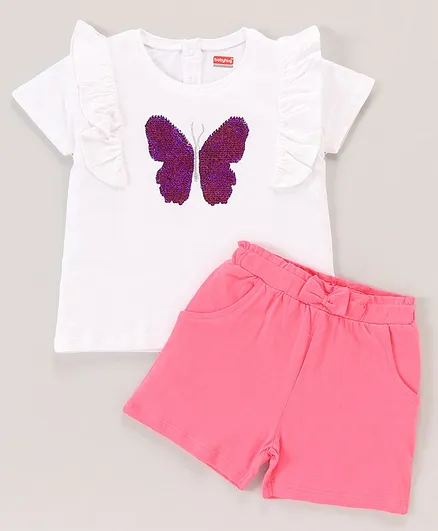 Babyhug 100% Cotton Knit Half Sleeves Top and Shorts Butterfly Sequin - White & Pink