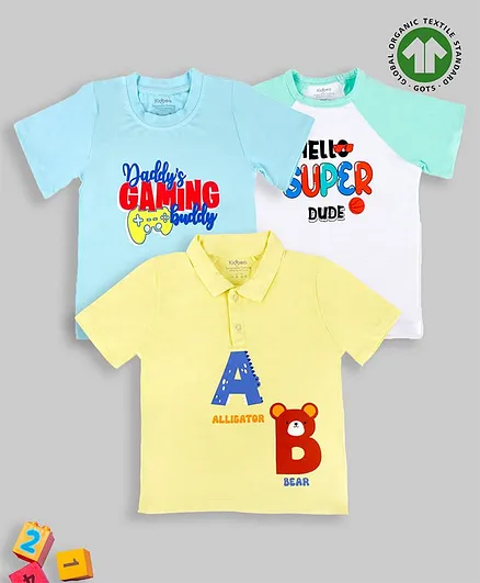 Kidbea Pack Of 3 Half Sleeves Alphabet Playtime & Animal Printed Tees - Yellow Blue & White