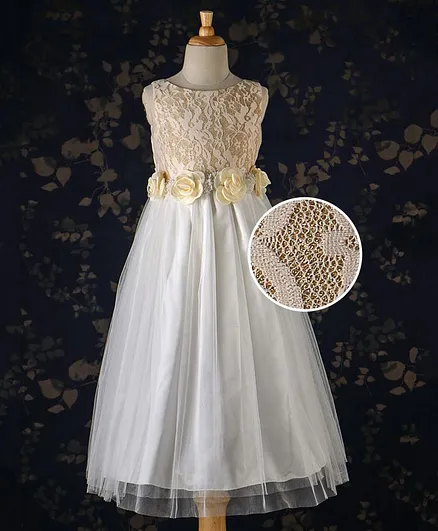 Babyhug Sleeveless Party Wear Frock Floral Applique - Golden & White
