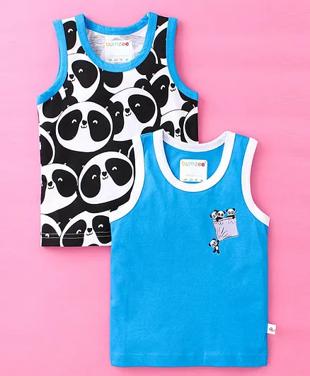 BUMZEE Pack Of 2 Sleeveless Panda Printed Tees - Black & Blue