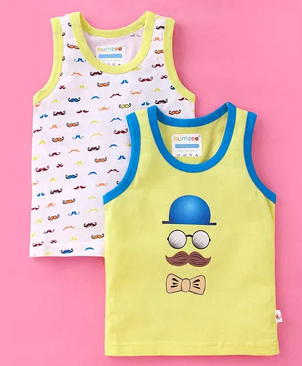 BUMZEE Pack Of 2 Sleeveless Moustache Printed Tees - White Yellow