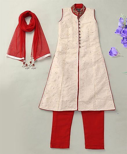 Enfance Graceful Kurta Pant Set With Dupatta - Red & Cream