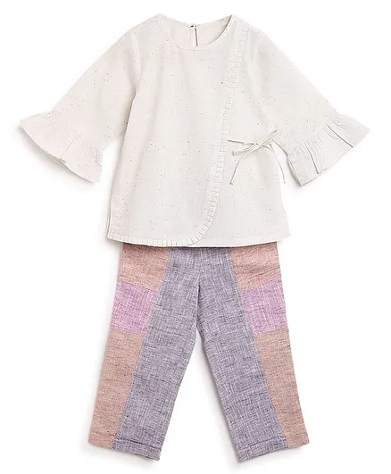 Charkhee Three Fourth Sleeves Solid Self Designed Top & Pant - White & Multi Colour
