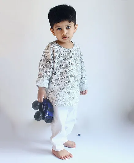 Charkhee Full Sleeves Floral Motif Block Printed Kurta Pajama Set - White