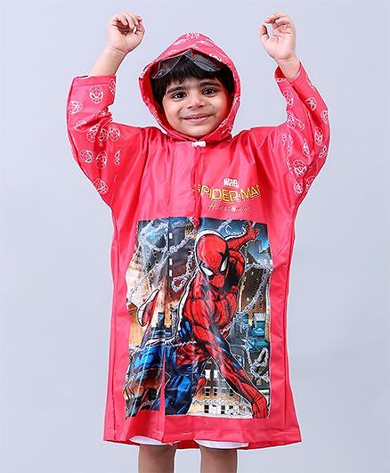 Babyhug Full Sleeves Hooded Raincoat With School Bag Provision Spider Man Print - Red