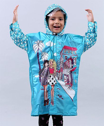 Babyhug Full Sleeves Raincoat Barbie Print - Sky Blue