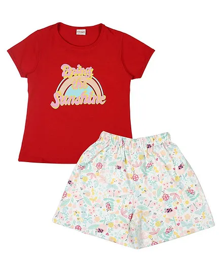 RAINE AND JAINE Short Sleeves ring The Sunshine Tee With Seamless Flowers & Butterflies Printed Shorts - Red & White