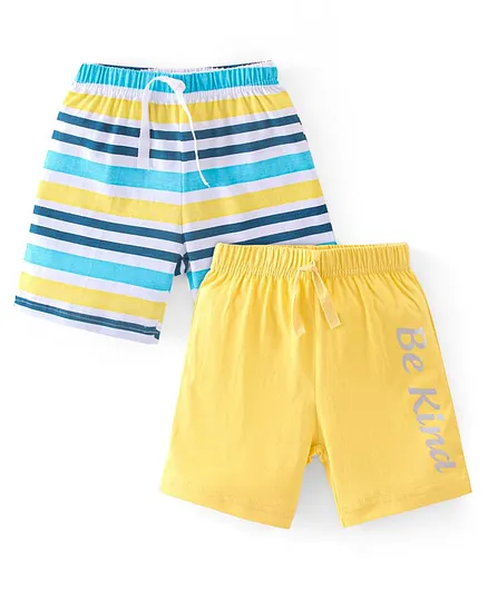 Babyhug Cotton Jersey Knit Mid Thigh Length Shorts Stripes & Text Print Pack of 2 - Yellow & Blue