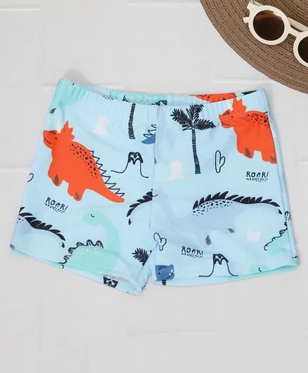Yellow Bee All Over Dino Printed Swim Shorts - Light Blue And Orange