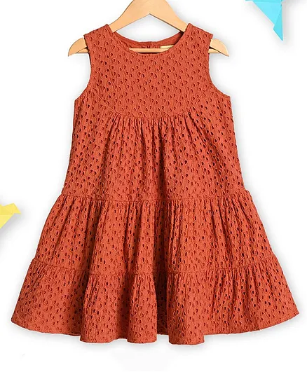 Charkhee Sleeveless Cutwork Designed & Schiffli Embroidery Detailed Three Tiered & Flared Dress - Rust Orange