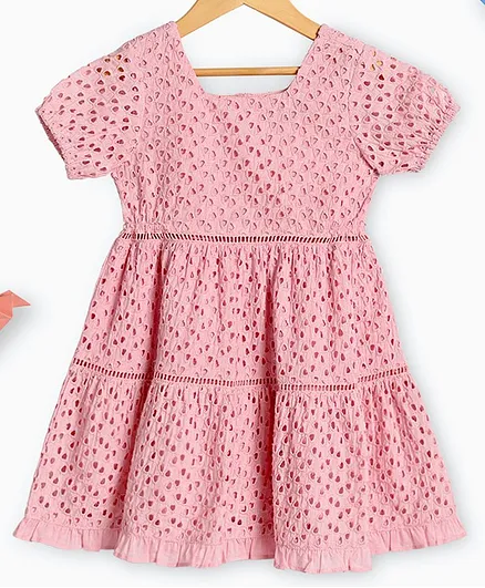 Charkhee Half Sleeves Cut Out Work Designed & Schiffli Embroidery Detailed Two Tiered & Flared Dress - Pink