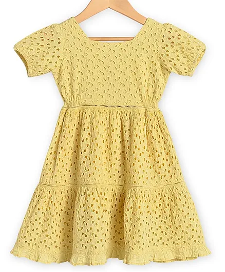 Charkhee Half Sleeves Cut Out Work Designed & Schiffli Embroidery Detailed Two Tiered & Flared Dress - Yellow