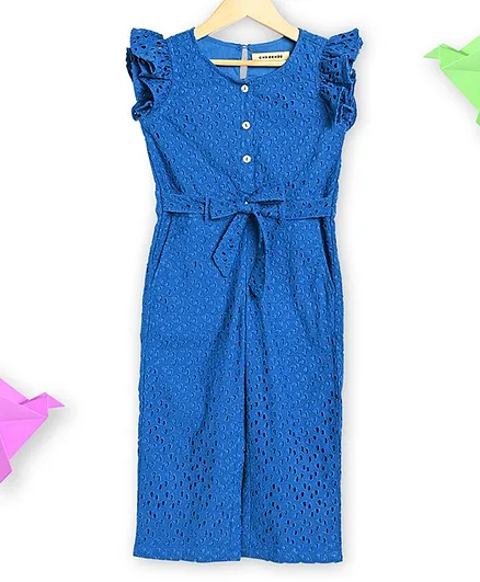 Charkhee Frill Cap Sleeves Cut Out Work Designed & Schiffli Embroidery Detailed Front Tie Up Jumpsuit - Blue