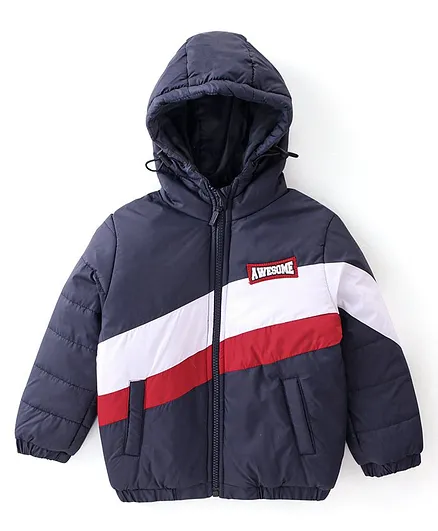 Babyhug Full Sleeves Padded & Hooded Jacket Striped- Navy Blue