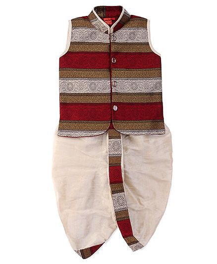 u Ron Sleeveless Embroidered Kurta & Dhoti Set - Maroon & Fawn