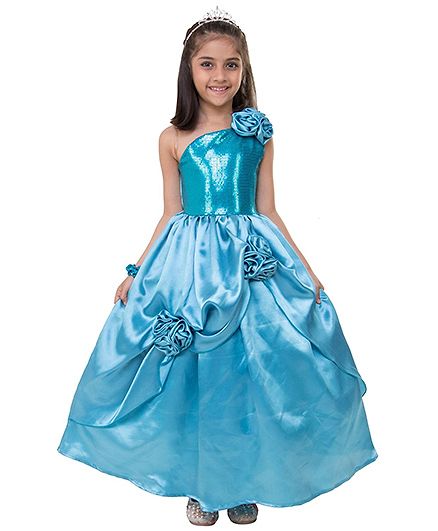 Samsara Couture One Shoulder Party Wear Ball Gown Floral Applique - Frozen Blue