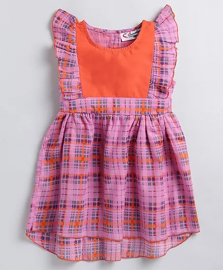 M'andy Cap Frill Sleeves Checked Dress - Pink