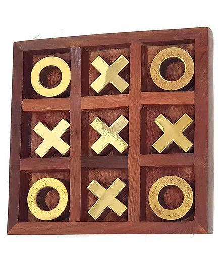Desi Karigar Noughts and Crosses Game Brass Wooden Tic Tac Toe Game - Brown