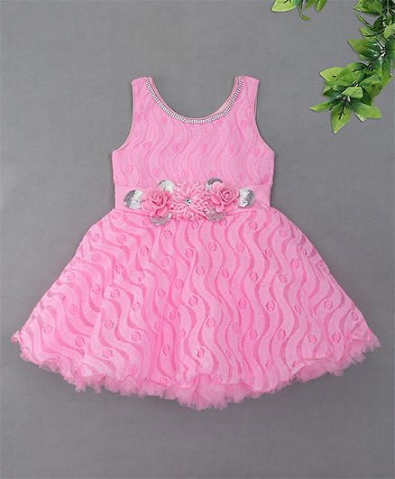 Blue Leaf Elegant Dress With Flower Detailing At Waist - Pink