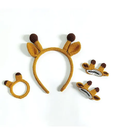 HAPPY THREADS Set Of 3 Crochet Deer Ear Detailed Coordinating Hair Accessories - Brown