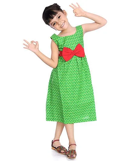 Little Pockets Store Leaf Print Dress With A Big Bow - Green