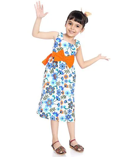 Little Pockets Store Tropical Print Dress With A Big Bow - Blue