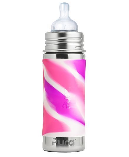 Pura 11 Oz Stainless Steel Infant Bottle With Silicone Sleeve And Natural Vent Nipple, Pink Swirl