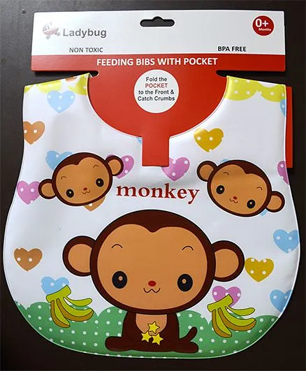 Ladybug Feeding Crumb Catcher Bib With Pocket Monkey Design - Multicolor