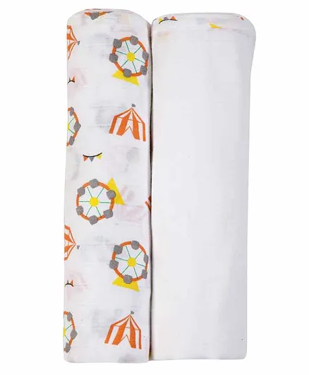 My Milestones 3 in 1 Muslin Swaddle Wrapper Pack of 2 (Size 41x41 Inches) Carnival Print - Orange & White