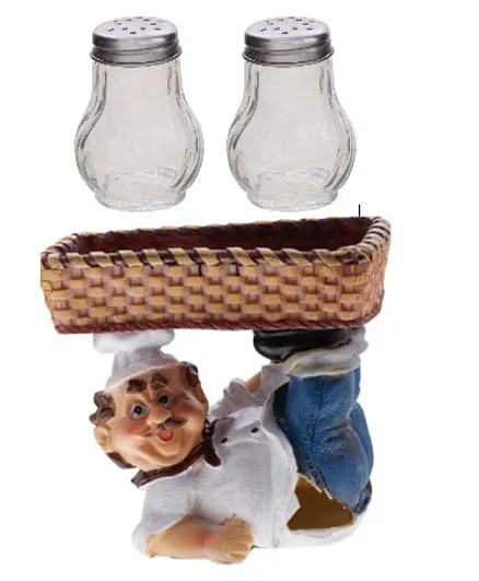 EZ Life Dancing Chef Salt Pepper Shaker Holder - White & Brown