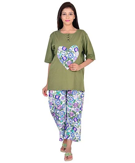 9teenAGAIN Half Sleeves Maternity Nursing Top And Pajama - Green White