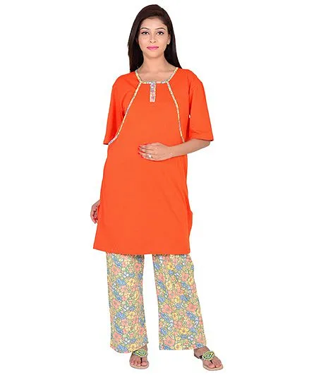 9teenAGAIN Half Sleeves Maternity Nursing Night Suit - Orange Green