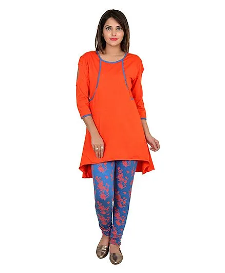 9teenAGAIN High Low Tunic & Legging Night Wear Set - Orange & Blue