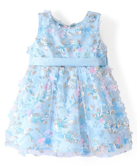 Bonfino Woven Sleeveless  Fit and Flare Party Wear Dress with Floral Corsage -Blue