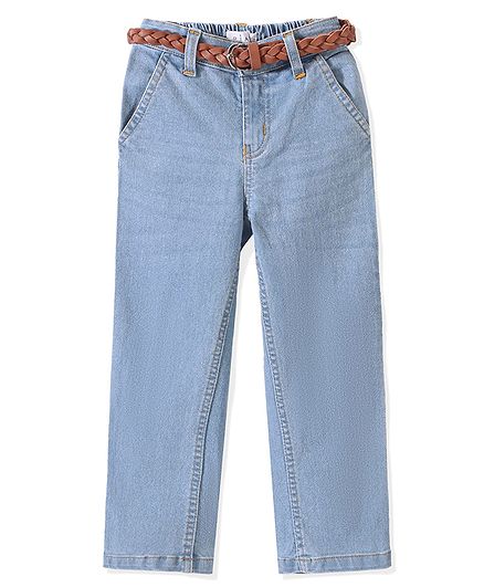Arias Cotton Woven Full Length Flared Fit Jeans with with Stretch & Leather Braided Belt Solid Colour -Mid Wash