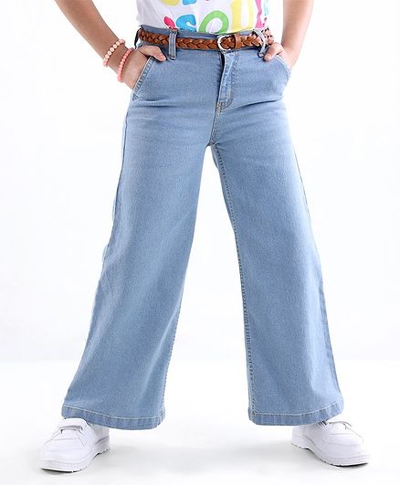 Arias Cotton Woven Full Length Flared Fit Jeans with with Stretch & Leather Braided Belt Solid Colour -Mid Wash