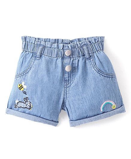 Bonfino 100% Cotton Elasticated Waist Denim Shorts with Bunny Embroidery - Indigo