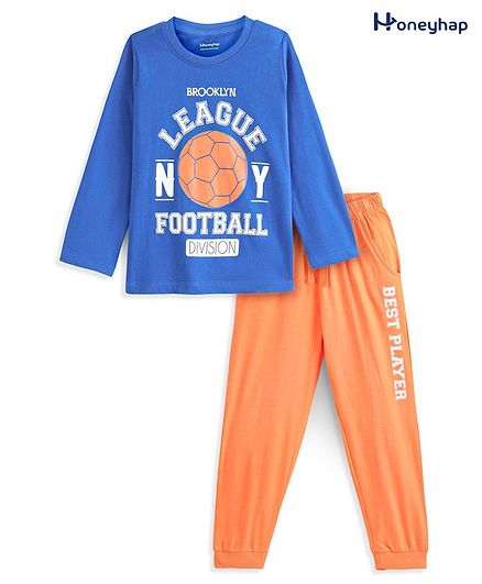 Honeyhap Premium 100% Cotton Football Print Night Suit with Bio Finish - Lapis Blue & Nectarine