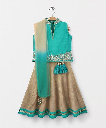 Bluebell Sleeveless Choli And Lehenga With Dupatta - Green & Beige