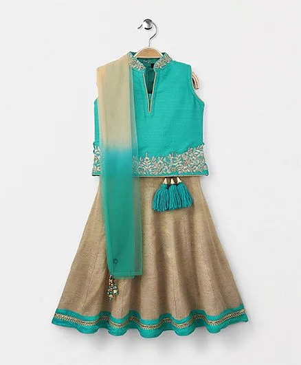 Bluebell Sleeveless Choli And Lehenga With Dupatta - Green & Beige