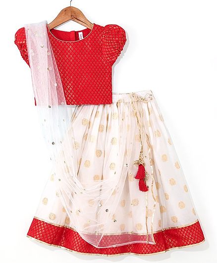 Babyhug Woven Half Sleeves Chanderi Butti Lehenga with Brocade Choli & Dupatta Set - White & Red