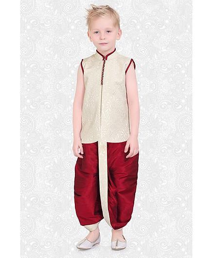 Ethnik's Neu Ron Sleeveless Kurta And Dhoti Self Design - Gold & Red