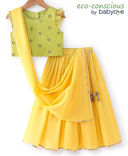 Babyoye Cotton Woven Sleeveless Choli Lehenga Set with Dupatta Floral Embroidery - Yellow & Green