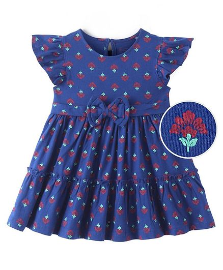 Earthy Touch Single Jersey Short Sleeves Ethnic Dress with Bow Applique Floral Print - Blue