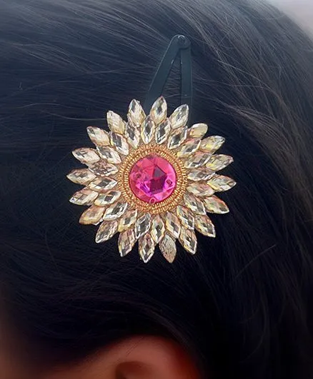 Pretty Ponytails Ethnic Crystal Zardozi Flower Hair Clip - Pink & Golden