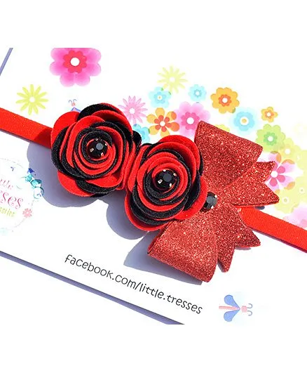 Little Tresses Double Rose With Bow On Soft Stretchable Headband - Red & Black