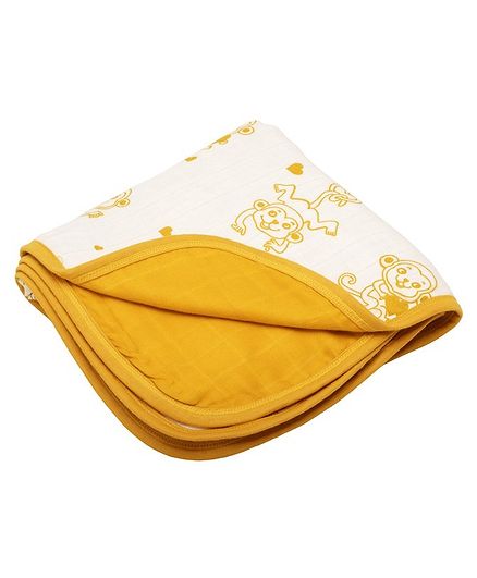 Kaarpas Premium Organic Cotton 3 Layered Muslin Blanket Monkey Print Medium - White & Yellow